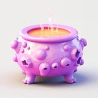 Pink Cauldron with orange magic boiling charmful bubble potion or fairy witching toxic poison soup. Object for Halloween, horror or fantastic themes. Generative AI photo