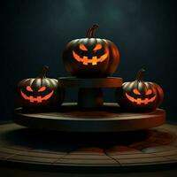 Three spooky halloween pumpkins, Jack O Lantern, with an evil face and eyes on a wooden bench. Generative AI photo