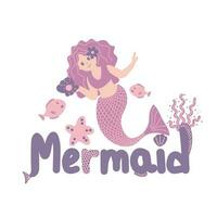 Little mermaid and underwater world. Under water in the sea mythical marine collection. Funny cartoon characters and corals are isolated on white. vector