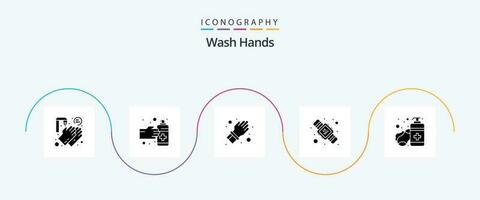 Wash Hands Glyph 5 Icon Pack Including hand sanitizer. washing. glove. twenty. hands hygiene vector