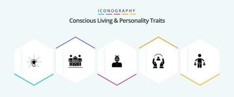 Concious Living And Personality Traits 25 Glyph icon pack including human. care. home. weight. problem vector