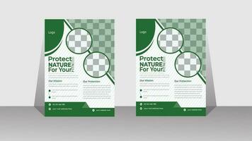 Nature flyer design . Green color and A4 size template . vector