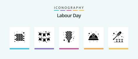 Labour Day Glyph 5 Icon Pack Including screw. safety. signal. labour. helmet. Creative Icons Design vector