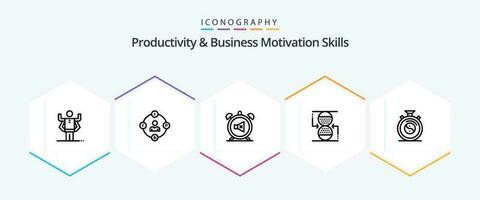 Productivity And Business Motivation Skills 25 Line icon pack including sandclock. control. procrastination. concentration. off vector