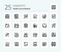 Health Care And Medical 25 Line icon pack including bowl. health care. record. health. traumatology vector