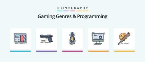 Gaming Genres And Programming Line Filled 5 Icon Pack Including clock. play. coding. machine. console. Creative Icons Design vector