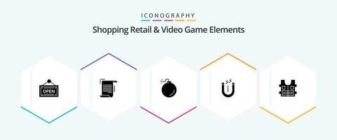 Shoping Retail And Video Game Elements 25 Glyph icon pack including safety. jacket. bomb. tool. attract vector