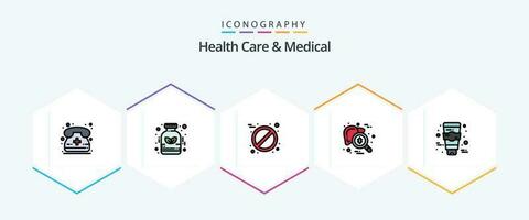 Health Care And Medical 25 FilledLine icon pack including face. virus. aspirin. testing. hepatitis vector