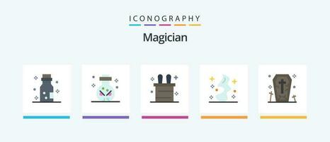 Magician Flat 5 Icon Pack Including halloween. death. magic trick. coffin. wish. Creative Icons Design vector