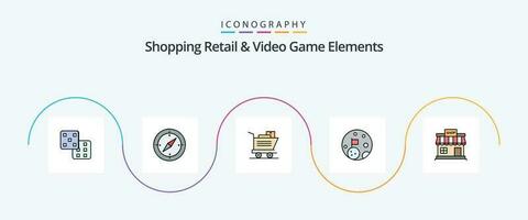 Shoping Retail And Video Game Elements Line Filled Flat 5 Icon Pack Including store. store. shopping. shop. space vector