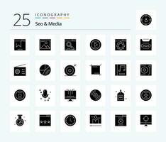 Seo and Media 25 Solid Glyph icon pack including website. optimization. media. play. tone vector