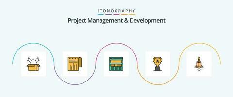 Project Management And Development Line Filled Flat 5 Icon Pack Including reward. top. report. award. web vector