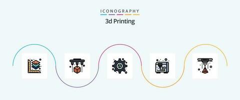 3d Printing Line Filled Flat 5 Icon Pack Including printer. printing. laser. printing vector