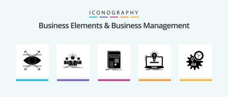 Business Elements And Business Managment Glyph 5 Icon Pack Including bulb. solution. leader. laptop. report. Creative Icons Design vector