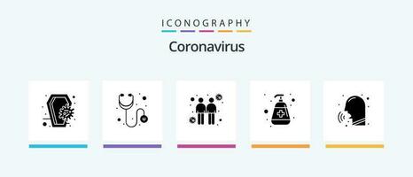 Coronavirus Glyph 5 Icon Pack Including diseases. virus protection. coronavirus. moisturizer. hand wash. Creative Icons Design vector