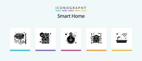 Smart Home Glyph 5 Icon Pack Including house. automation. security. smart. lamp. Creative Icons Design vector