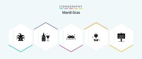 Mardi Gras 25 Glyph icon pack including . sign. costume. board. flowers vector