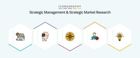 Strategic Management And Strategic Market Research 25 FilledLine icon pack including bulb. target. compass. focus. position vector