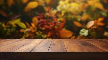 Empty Wooden Table for Product Display on Autumn Nature Background. photo