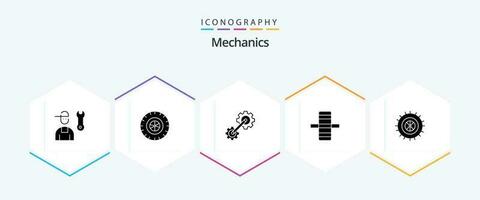 Mechanics 25 Glyph icon pack including wheel. studded. cogs. side. edge vector