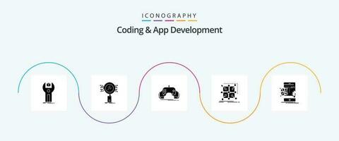 Coding And App Development Glyph 5 Icon Pack Including framework. research. app. mobile vector