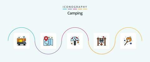 cámping línea lleno plano 5 5 icono paquete incluso palo. fuego. seta. fuego. cocinar vector