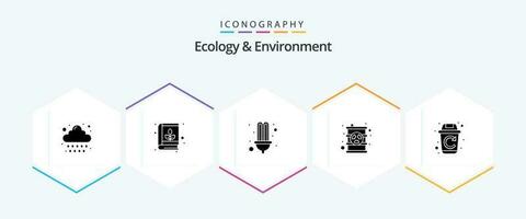 ecología y ambiente 25 glifo icono paquete incluso reciclar. aceite. eléctrico. radioactivo. nuclear vector