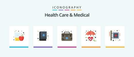 Health Care And Medical Flat 5 Icon Pack Including heart. medical. aid. insurance. care. Creative Icons Design vector