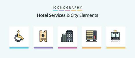 hotel servicios y ciudad elementos línea lleno 5 5 icono paquete incluso banch . decoración. boleto. edificio. columna. creativo íconos diseño vector