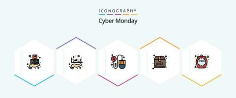 Cyber Monday 25 FilledLine icon pack including discount. box. promotion sale. package. mouse vector