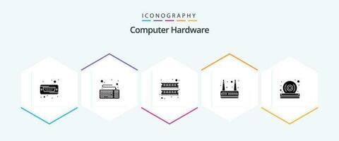 Computer Hardware 25 Glyph icon pack including quality. disc. computer. wifi. modem vector