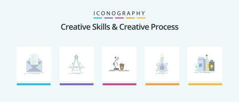 Creative Skills And Creative Process Flat 5 Icon Pack Including flask. research. compass. flash. coffee. Creative Icons Design vector