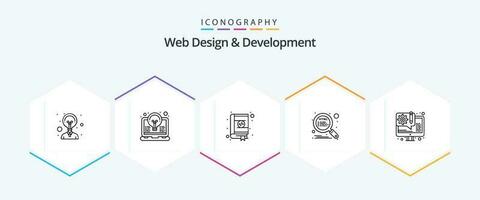 Web Design And Development 25 Line icon pack including design. search. book. optimization. coding vector