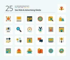 Seo Web And Advertising Media 25 Flat Color icon pack including settings. tech. audio. seo. data vector