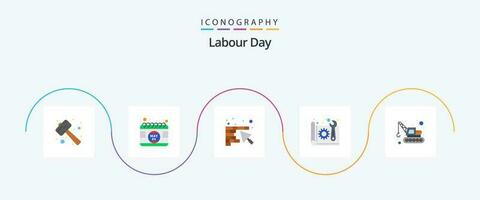 Labour Day Flat 5 Icon Pack Including plan. construction. time. blue print. trowel vector