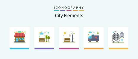 City Elements Flat 5 Icon Pack Including power. hospital. bench. car. light. Creative Icons Design vector