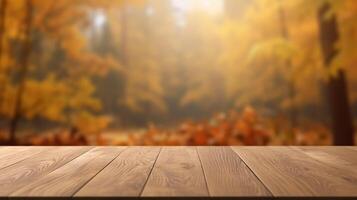 Empty Wooden Table for Product Display on Autumn Nature Background. Generative Ai photo