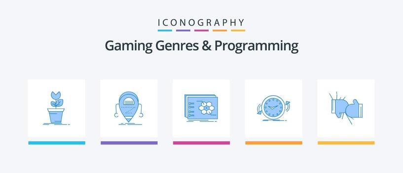 juego de azar géneros y programación azul 5 5 icono paquete incluso agujas del reloj. respaldo. robot. táctico. estrategia. creativo íconos diseño vector