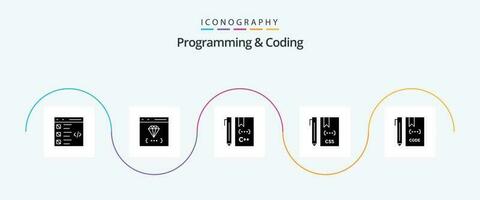 Programming And Coding Glyph 5 Icon Pack Including css. code. develop. development. coding vector