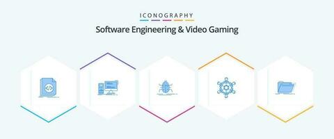 Software Engineering And Video Gaming 25 Blue icon pack including game. cooperation. pc. virus. insect vector