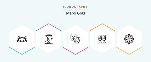 Mardi Gras 25 Line icon pack including mardi gras. sunflower. roles. toasting. champagne glasses vector