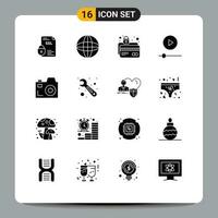 16 Thematic Vector Solid Glyphs and Editable Symbols of camera player atm card gadgets protection Editable Vector Design Elements