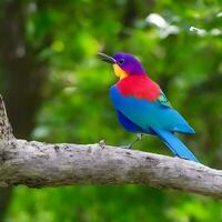 Free photo a colorful bird sits on a branch in the forest