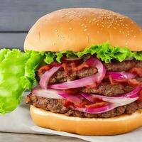 gratis foto grande emparedado - hamburguesa hamburguesa con carne de res, rojo cebolla, tomate y frito tocino