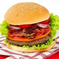 gratis foto grande emparedado - hamburguesa hamburguesa con carne de res, rojo cebolla, tomate y frito tocino