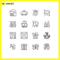 16 Thematic Vector Outlines and Editable Symbols of toys party healthy food games space Editable Vector Design Elements