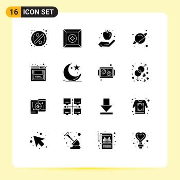 dieciséis temático vector sólido glifos y editable símbolos de márketing html Fruta codificación Ciencias editable vector diseño elementos