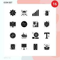 16 Thematic Vector Solid Glyphs and Editable Symbols of gear coding connection computer charge Editable Vector Design Elements