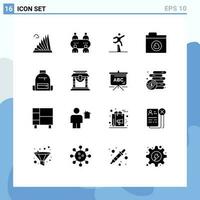 16 Thematic Vector Solid Glyphs and Editable Symbols of bag network athlete folder steeplechase Editable Vector Design Elements