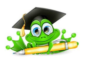 linda dibujos animados colegio rana con amarillo bolígrafo y graduado gorra vector